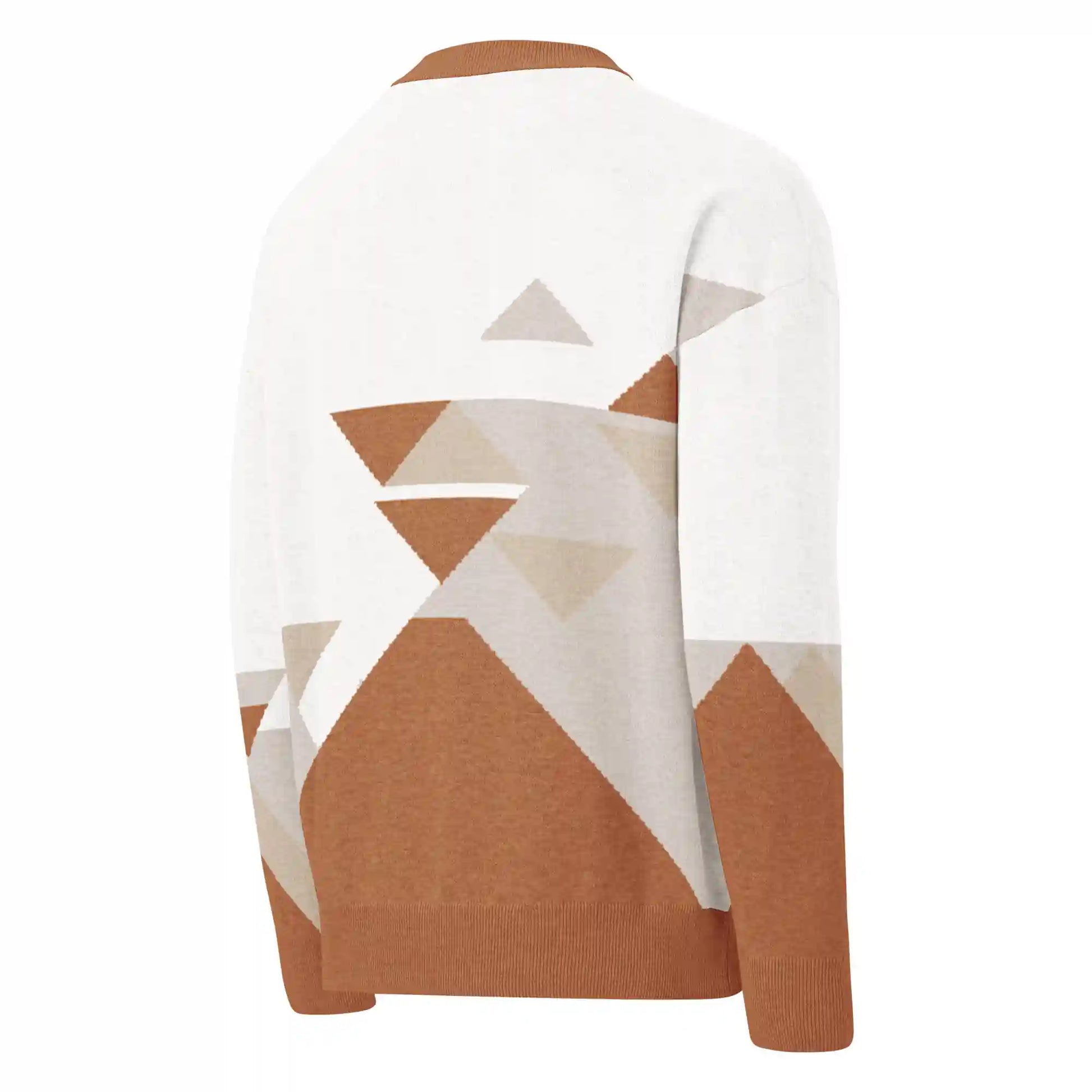 Ghost mannequin back-right view of the Haven of Dreams Desert Geometry knitted sweater, showing geometric desert-inspired pattern in warm earthy tones.