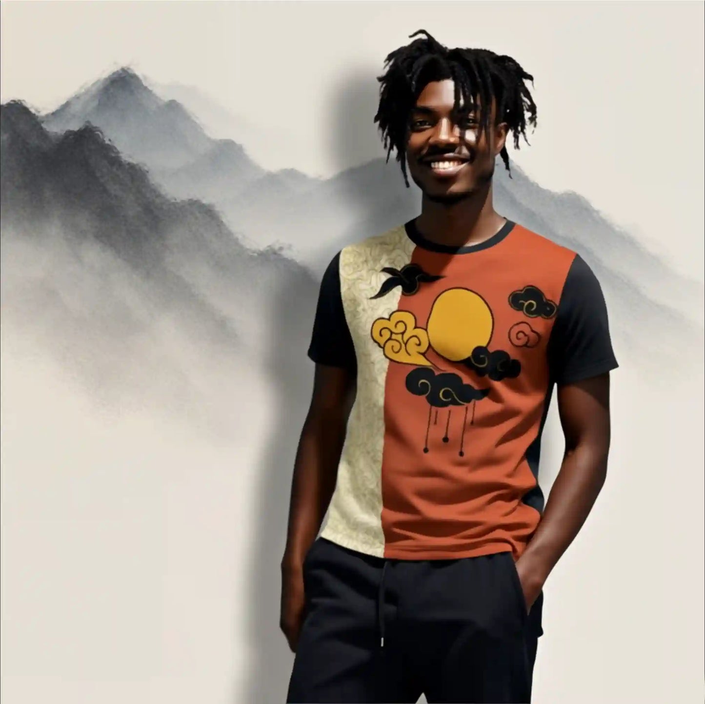 Angled front view of Unisex T-Shirt laid flat, showing the full split design graphic with burnt orange art on the right (sun, clouds, bird) and a patterned cream print on the left.