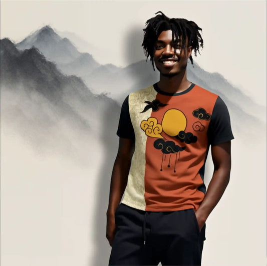 Angled front view of Unisex T-Shirt laid flat, showing the full split design graphic with burnt orange art on the right (sun, clouds, bird) and a patterned cream print on the left.