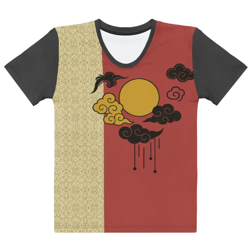 Flat front view of Unisex T-Shirt with all-over split design print featuring sun, clouds, and bird art on burnt orange and a patterned cream section.