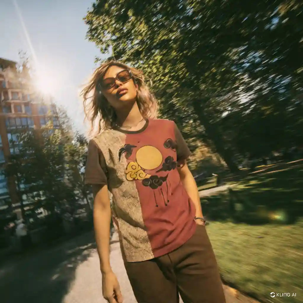 Lifestyle image of a smiling man wearing the Unisex Split Design T-Shirt, showing the unique graphic featuring sun, clouds, and bird on burnt orange and a subtle pattern on the cream side.