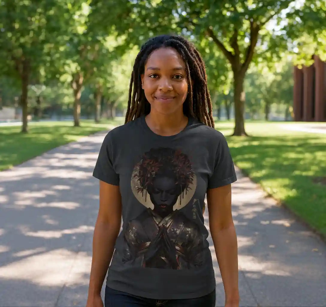 A young African American woman with long dreadlocks walking through a sunlit park, wearing a charcoal grey T-shirt featuring a mystical dark-skinned woman with red maple leaves in her hair and a golden moon behind her. The trees cast soft dappled shadows along the path.