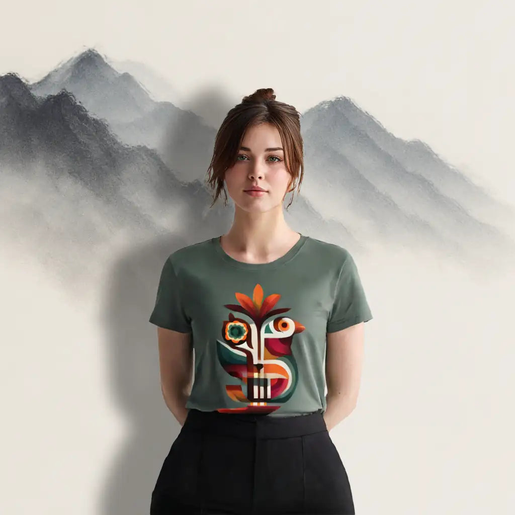Lifestyle image of a model wearing the sage green Women's Crew Neck T-Shirt with the abstract geometric bird art graphic, posed against a subtle painted mountain background.