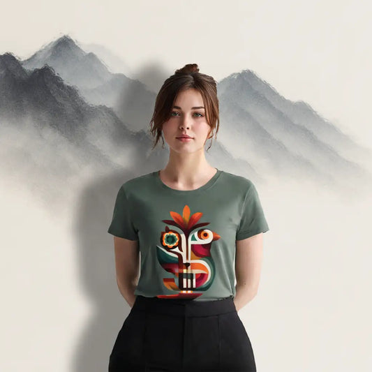 Lifestyle image of a model wearing the sage green Women's Crew Neck T-Shirt with the abstract geometric bird art graphic, posed against a subtle painted mountain background.