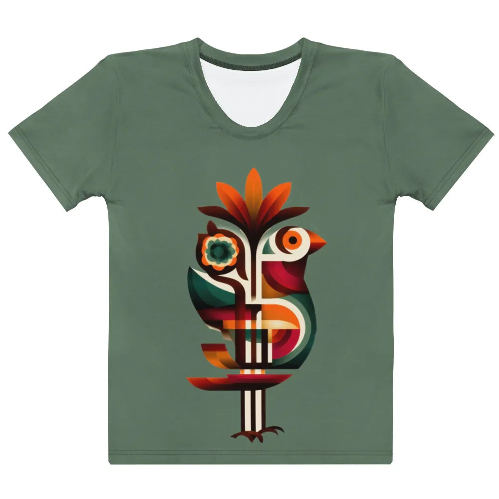 Flat front view of Women's Crew Neck T-Shirt showing the central graphic print of a colorful abstract geometric bird on a sage green tee.