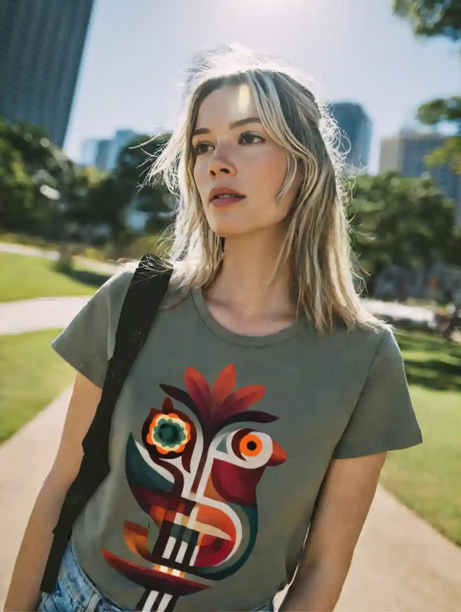 Lifestyle image of a model wearing the sage green Women's Crew Neck T-Shirt with the abstract geometric bird art graphic, outdoors in a park setting.