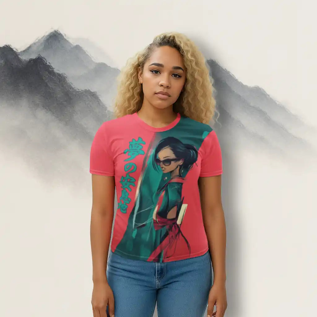 Angled front view of Women's Scoop Neck T-Shirt laid flat, showing the full graphic print of a woman in a modern kimono and sunglasses, illustrating the fit and design layout.