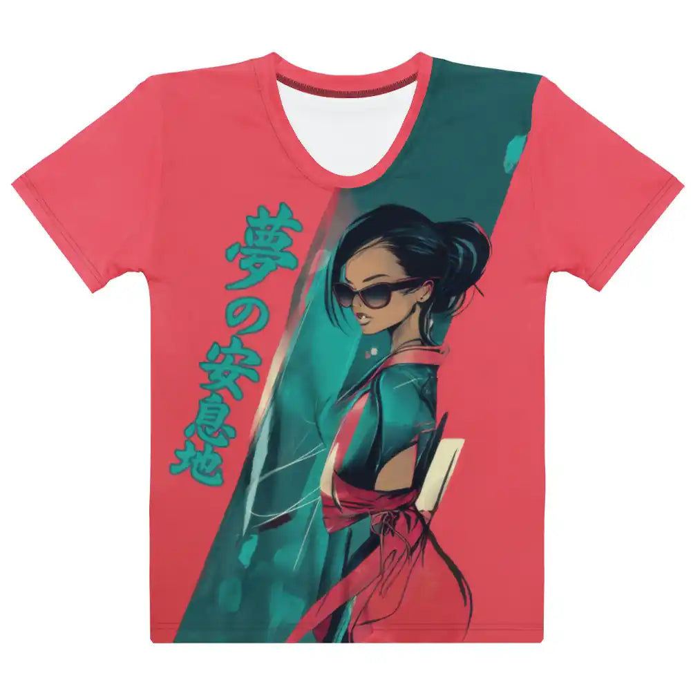 Flat front view of Women's Scoop Neck T-Shirt with all-over art print of a woman in a modern kimono and sunglasses against a teal and coral background.