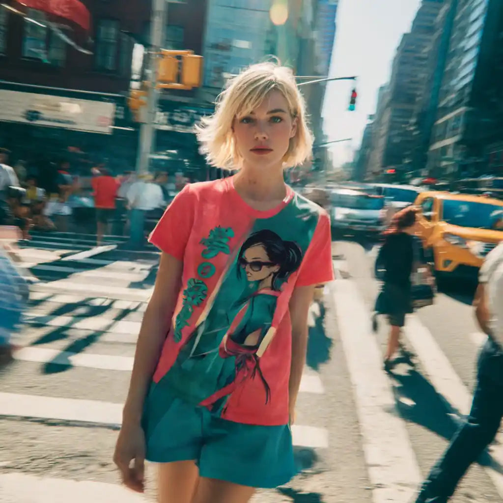 Lifestyle image of a model wearing the Women's Scoop Neck T-Shirt with the modern kimono woman art print, showing the fit and style.