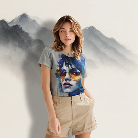Angled front view of Women's Scoop Neck T-Shirt laid flat, showing the full all-over abstract art print of a woman with sunglasses on a grey background.