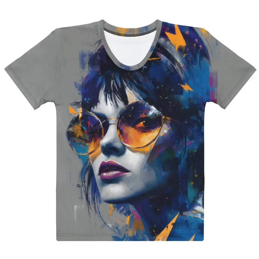 Angled front view of Women's Scoop Neck T-Shirt laid flat, showing the full all-over abstract art print of a woman with sunglasses on a grey background.