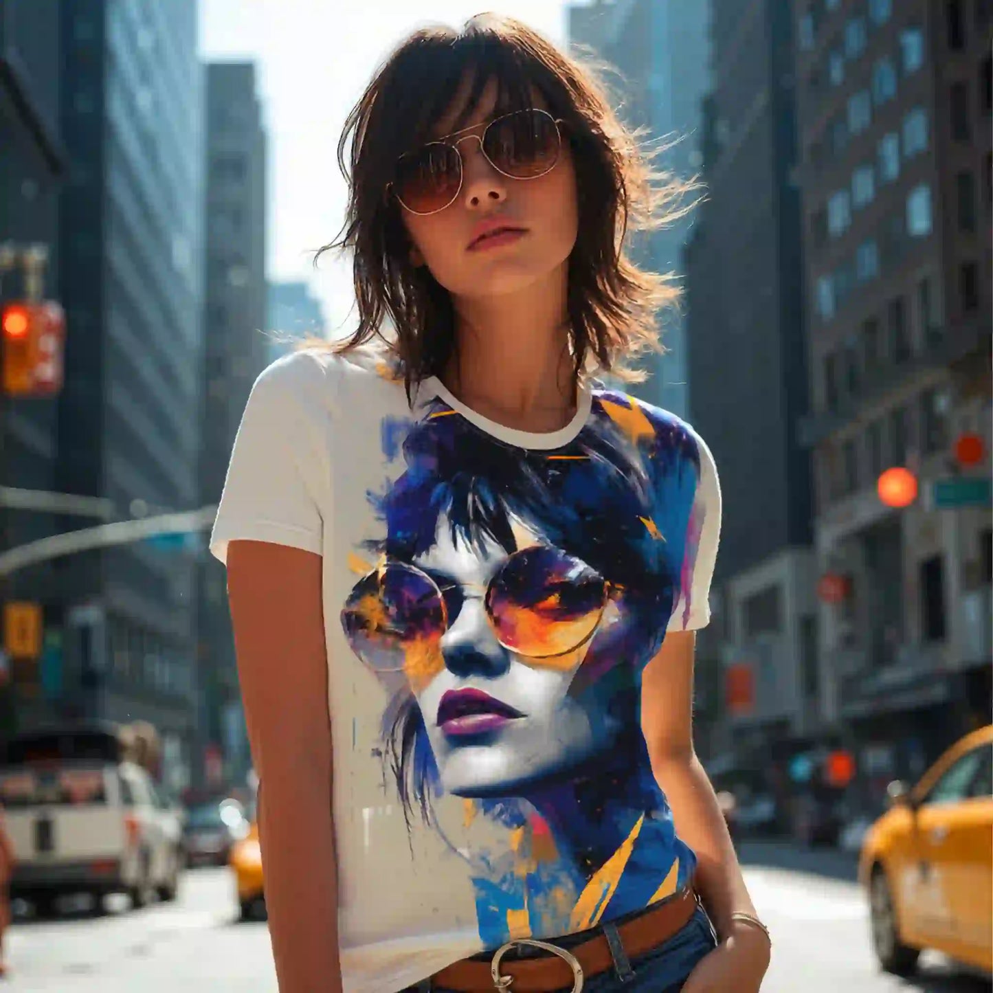 Lifestyle image of a model wearing a white t-shirt with the abstract art print of a woman with sunglasses, standing on a city street.