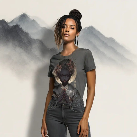 Lifestyle image of a model wearing the charcoal grey Women's Scoop Neck T-Shirt with the meditative figure art graphic, posed against a subtle painted mountain background.
