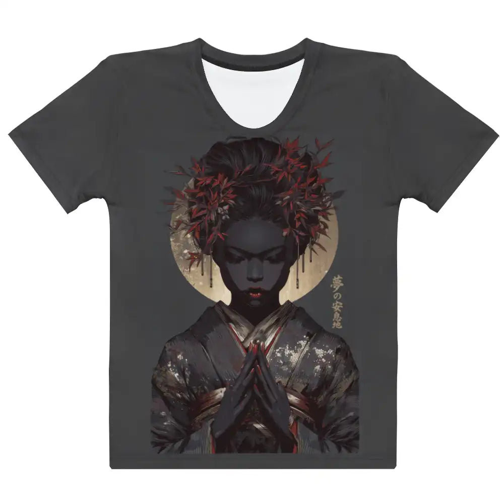 Flat front view of Women's Scoop Neck T-Shirt showing the central graphic print of a meditative figure with a gold circle and Japanese text on a charcoal grey tee.