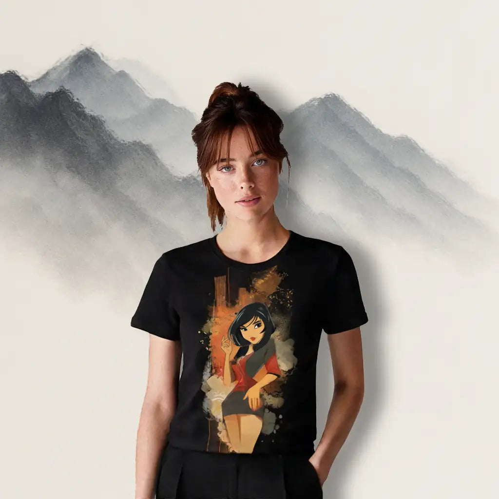 Angled front view of Women's Scoop Neck T-Shirt showing the full all-over urban art graphic of a stylish woman against a black background with red and orange abstract elements.