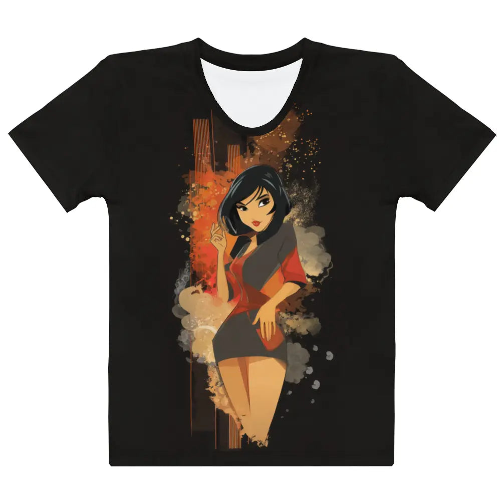 Flat front view of Women's Scoop Neck T-Shirt with all-over urban art print featuring a woman and abstract red and orange background on black.