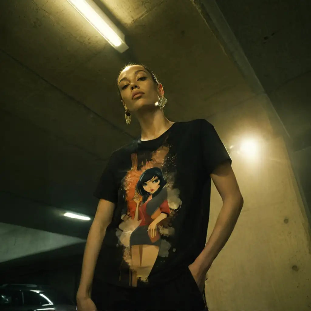Lifestyle image of a model wearing the Women's Scoop Neck T-Shirt with the urban woman art graphic print, showing the fit and style in an urban or artistic setting.