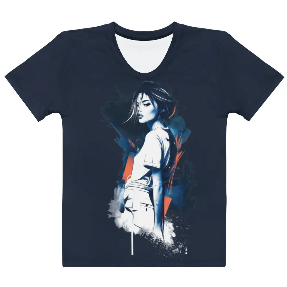 Flat front view of Women's Scoop Neck T-Shirt with all-over art print featuring a woman looking over her shoulder and abstract background on navy blue.