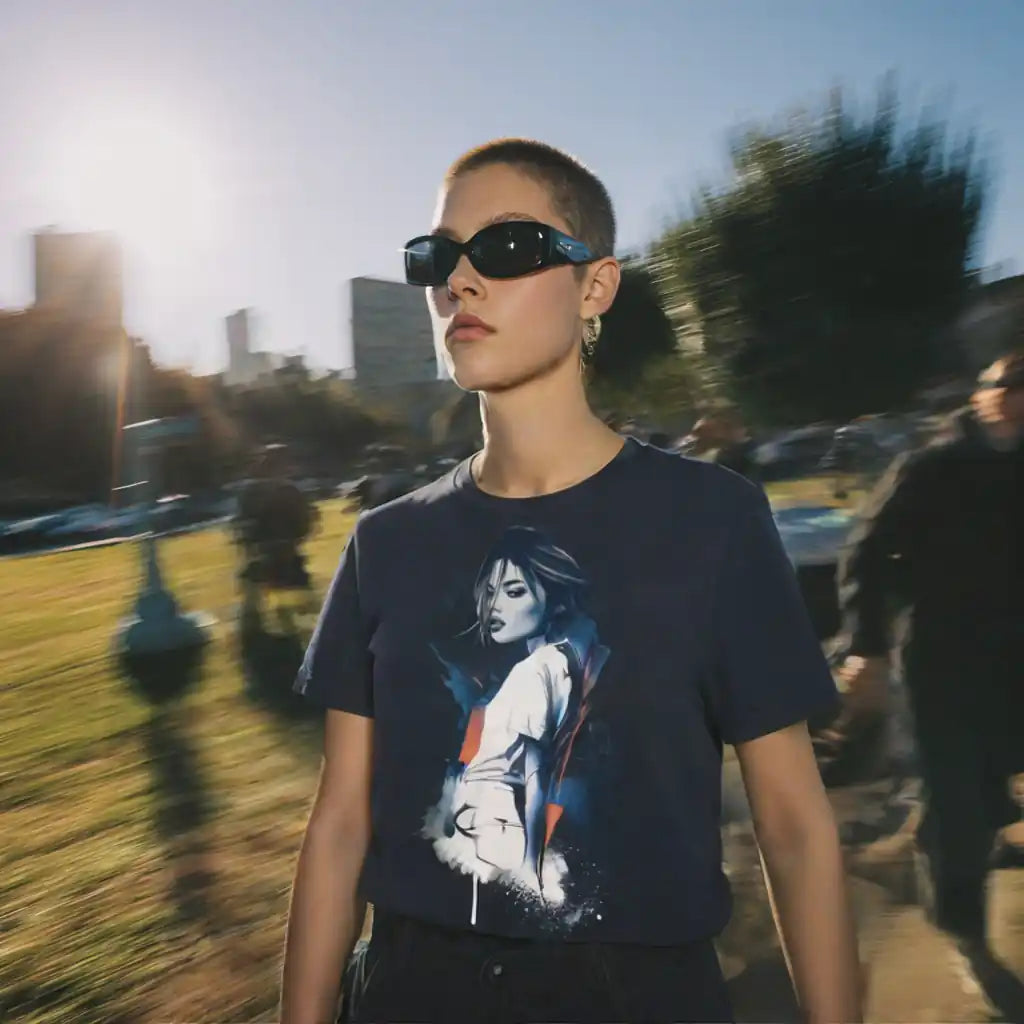 Lifestyle image of a model wearing the Women's Scoop Neck T-Shirt with the moody woman art graphic print, showing the fit and style.