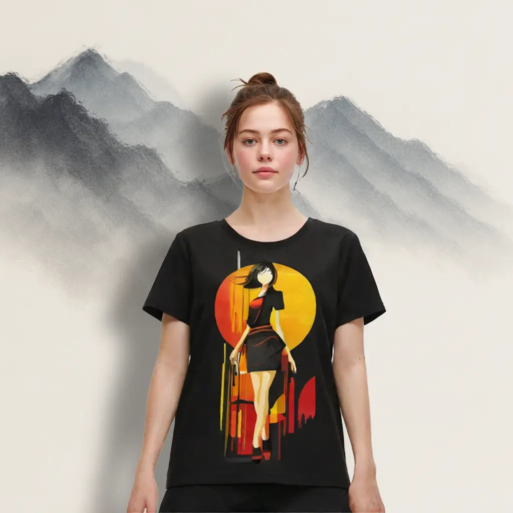 Angled front view of Women's Scoop Neck T-Shirt laid flat, showing the full urban art graphic of a stylish woman in a black dress with a large yellow circle and red city background on a black tee.