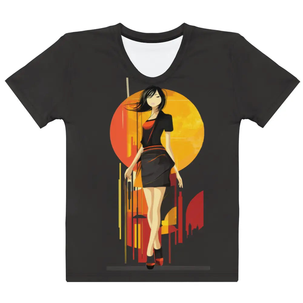 Flat front view of Women's Scoop Neck T-Shirt with all-over urban art print featuring a woman, yellow circle, and red geometric city design on a black background.