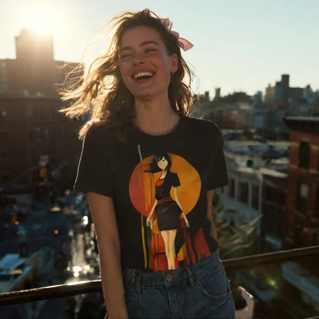 Lifestyle image of a model wearing the Women's Scoop Neck T-Shirt with the urban art graphic print, showing the fit and style on a person in an urban setting.