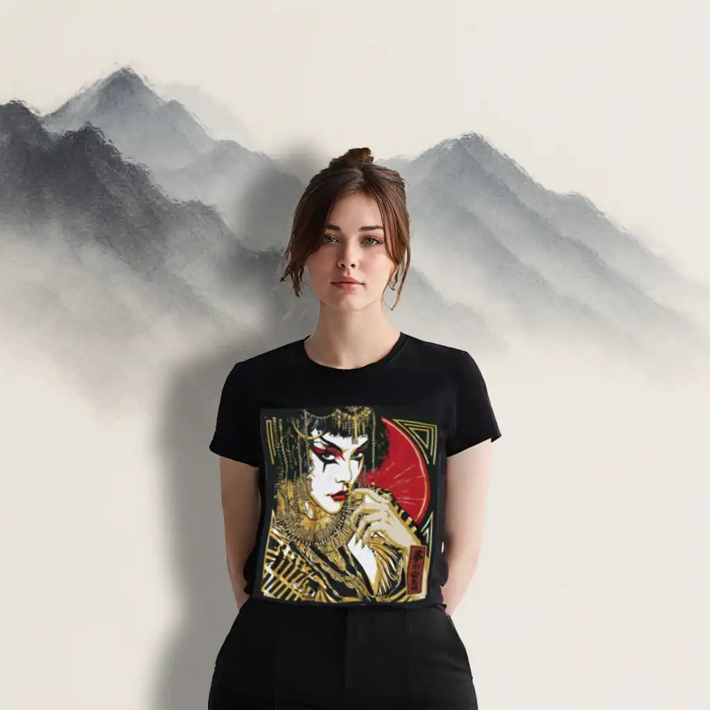 Lifestyle image of a model wearing the black Women's Scoop Neck T-Shirt with the artistic woman graphic, posed against a subtle mountain illustration background.