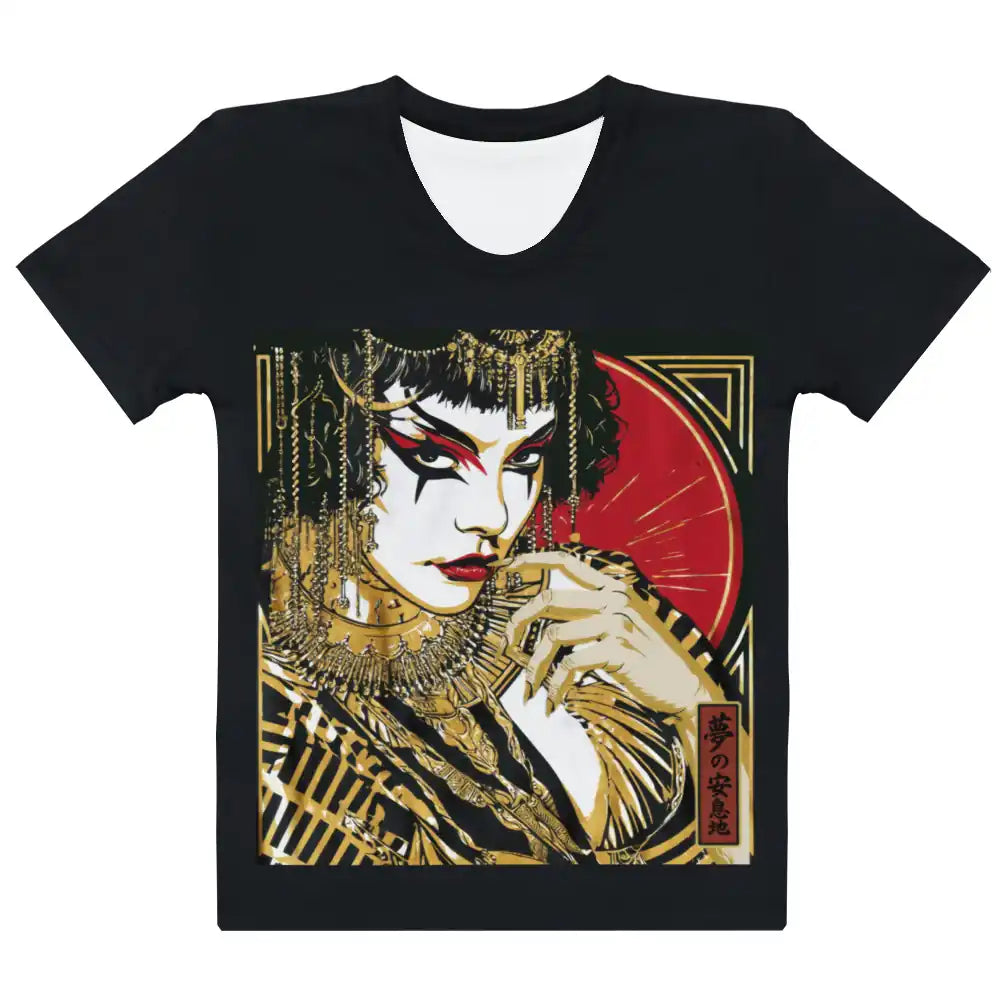 Flat front view of Women's Scoop Neck T-Shirt showing a large central graphic print of a stylized woman's face with gold and red accents on a black tee.