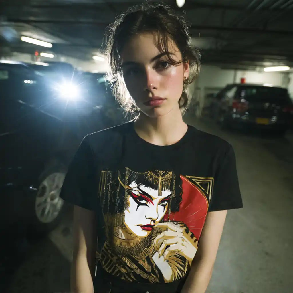 Close-up lifestyle image of a model wearing the black Women's Scoop Neck T-Shirt with the artistic woman graphic, posed in a dimly lit urban or garage setting.