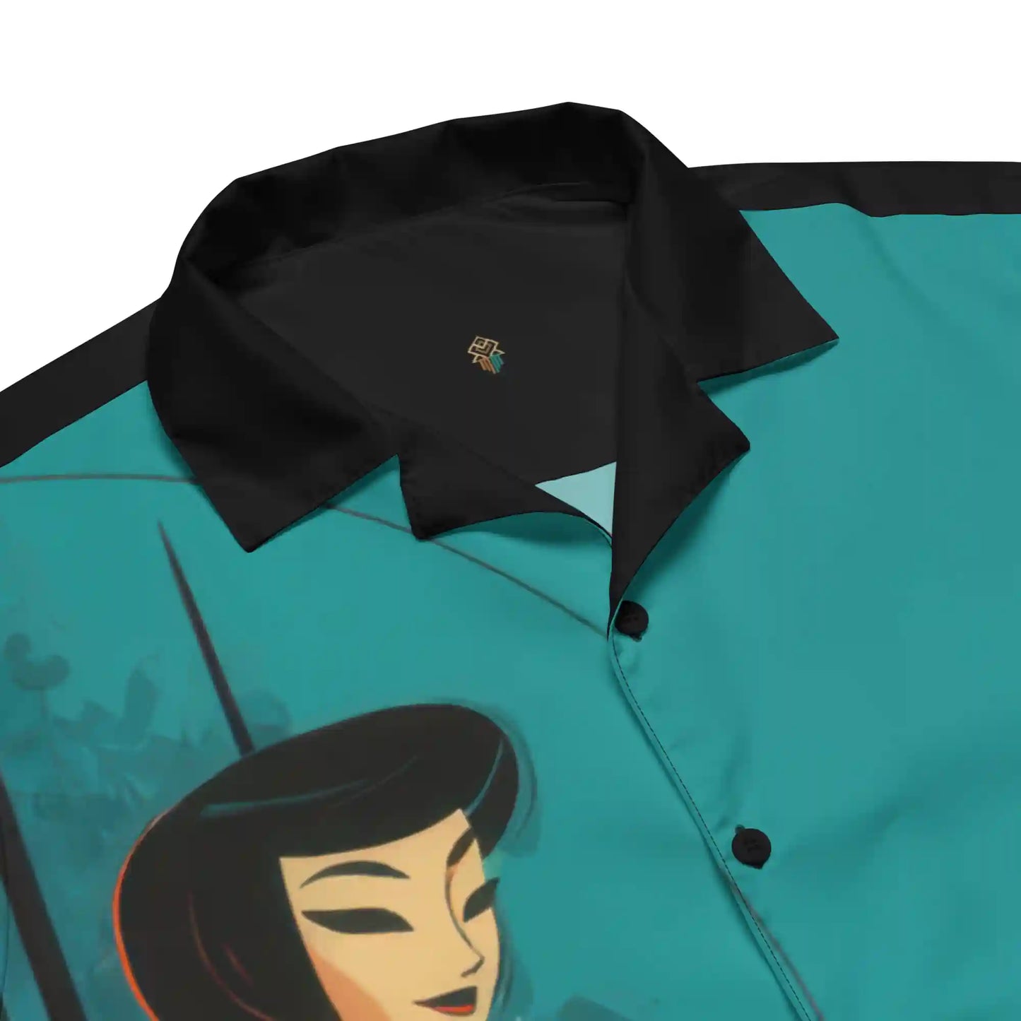 Close-up views of the button-up shirt. Shows white fabric texture, white buttons, collar detail, and highlights the quality of the print on the fabric.