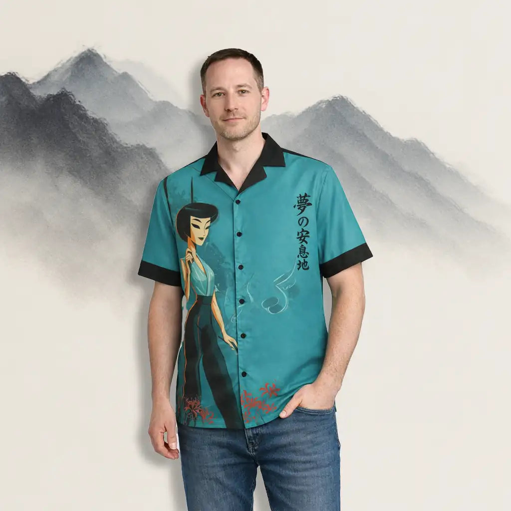 Male model wearing a stylized Japanese-inspired print button-up shirt, standing against an artistic mountain backdrop. Shows the wearable art in a lifestyle context and highlights the shirt's fit.