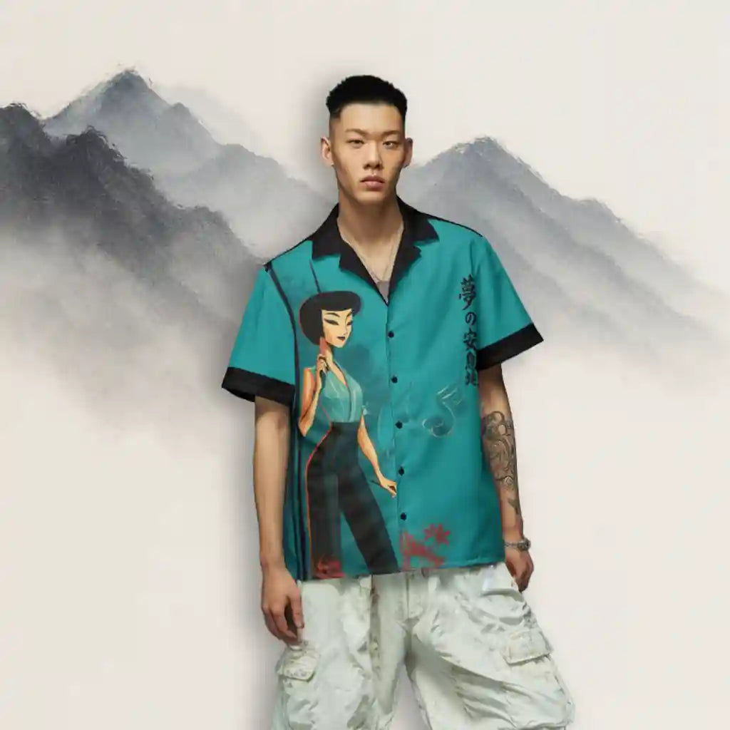 Male model wearing a stylized Japanese-inspired print button-up shirt, standing against an artistic mountain backdrop. Shows the wearable art in a lifestyle context and highlights the shirt's fit.