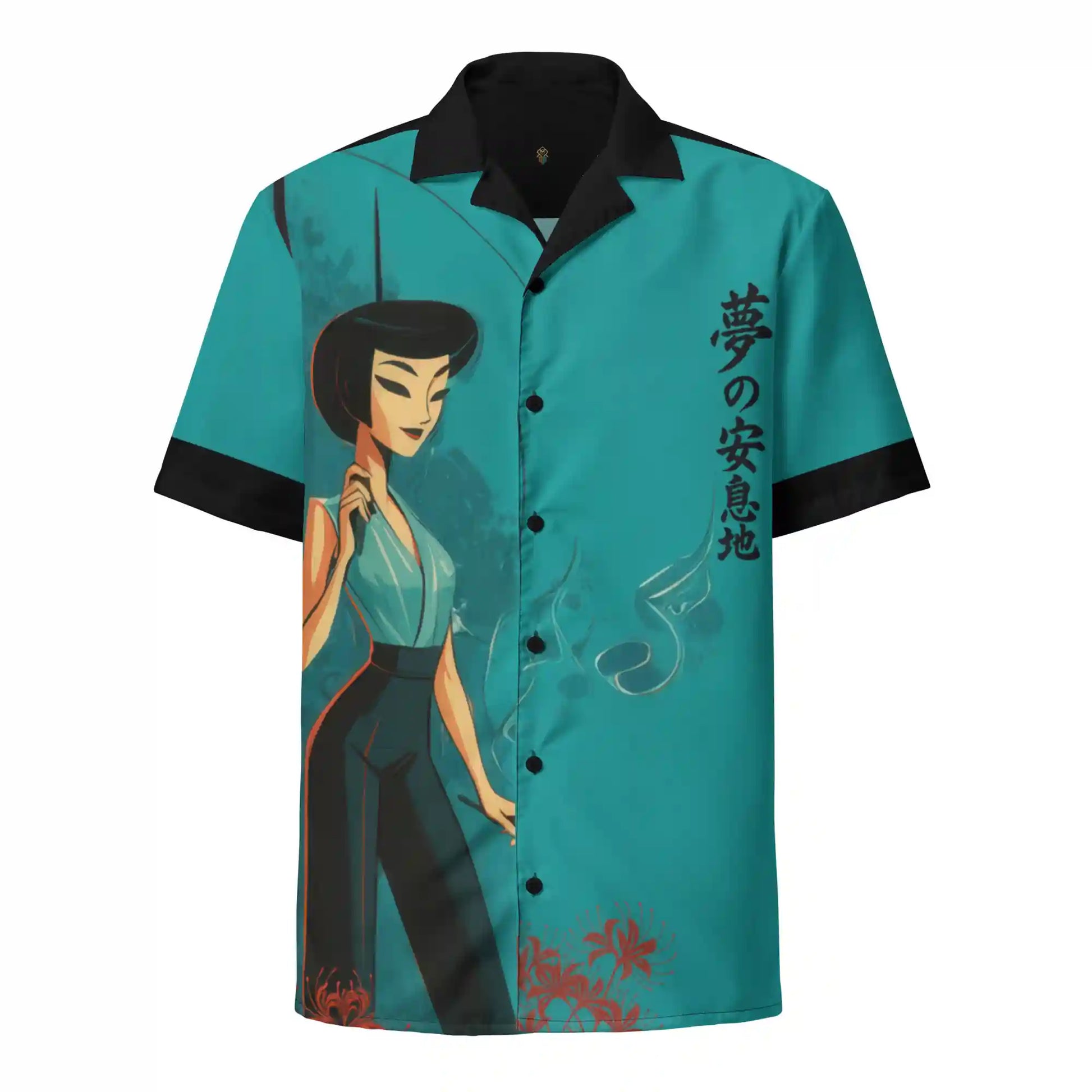 Short-sleeve button-up shirt on ghost mannequin, front view. Features a stylized Japanese-inspired all-over print design with buildings, a figure, lanterns, and a crane in teal, orange, and black on a white background. Shows front fit on a body form.