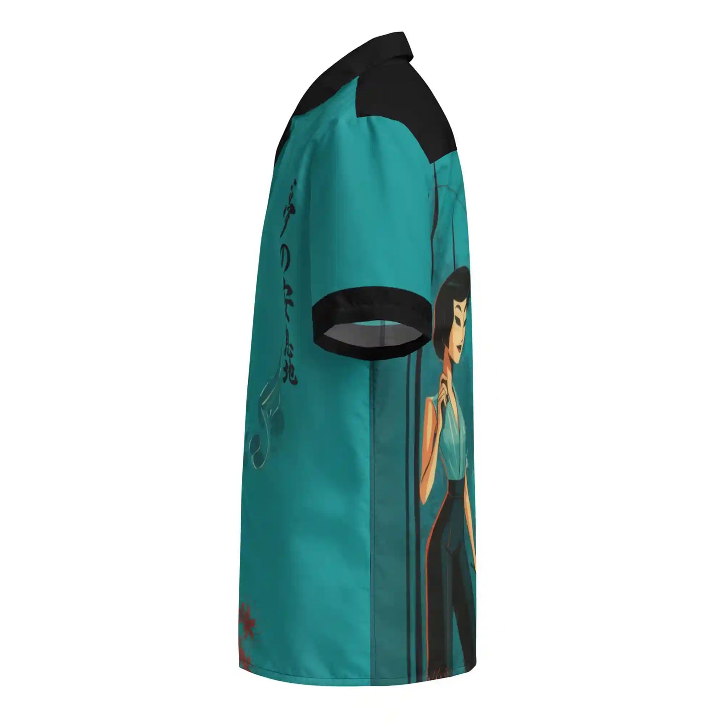 Short-sleeve button-up shirt on ghost mannequin, left side view. Shows the stylized Japanese-inspired print design wrapping from front to back and onto the left sleeve, featuring buildings and figures. Shows side fit on a body form.