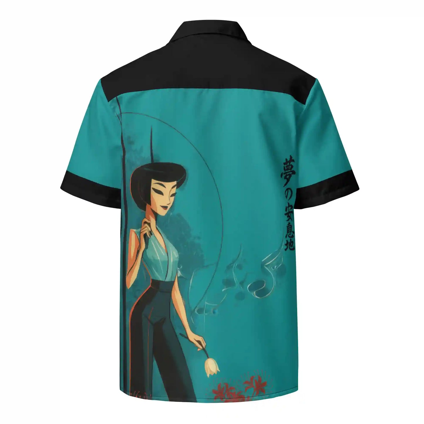 Short-sleeve button-up shirt on ghost mannequin, back view. Features the stylized Japanese-inspired all-over print design with buildings, a figure, lanterns, and bamboo in teal, orange, and black on a white background. Shows back fit on a body form.