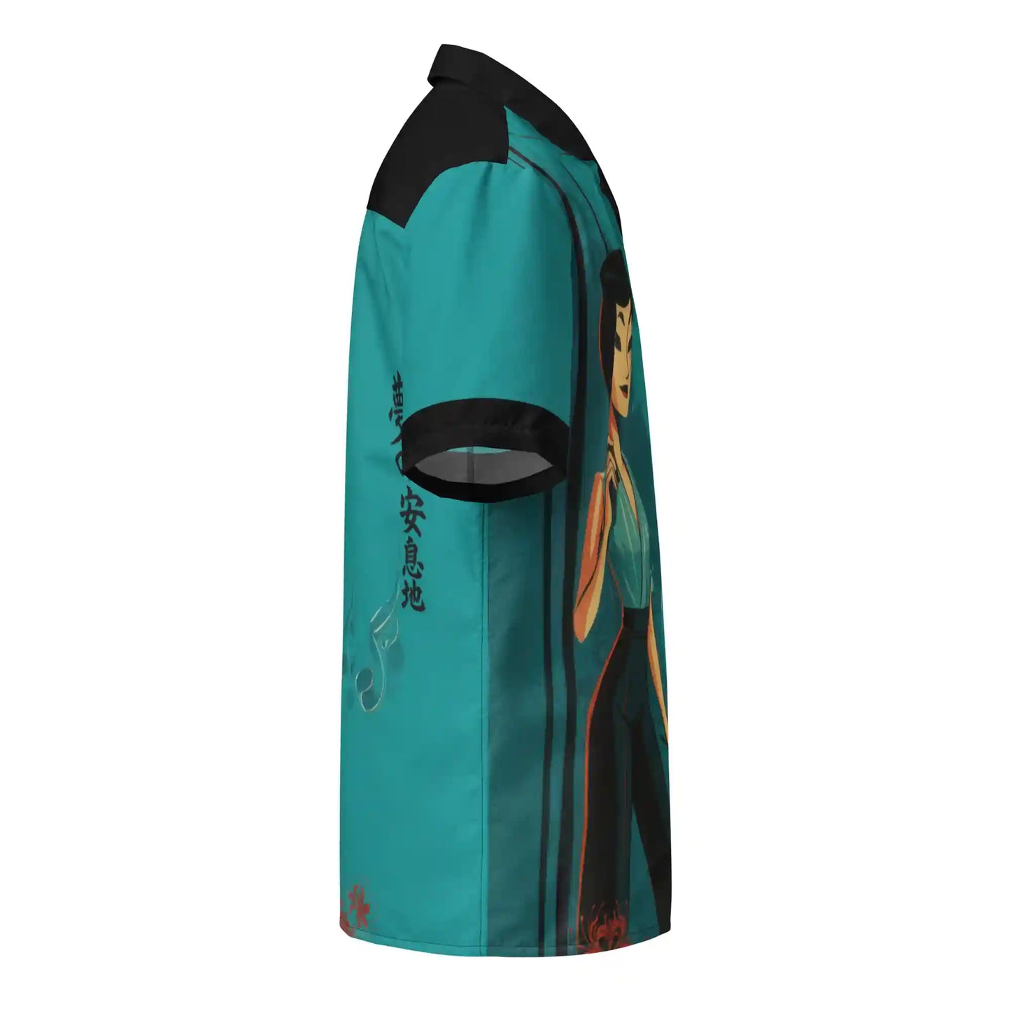 Short-sleeve button-up shirt on ghost mannequin, right side view. Shows the stylized Japanese-inspired print design wrapping from front to back and onto the right sleeve, featuring crane, bamboo, and abstract elements. Shows side fit on a body form.