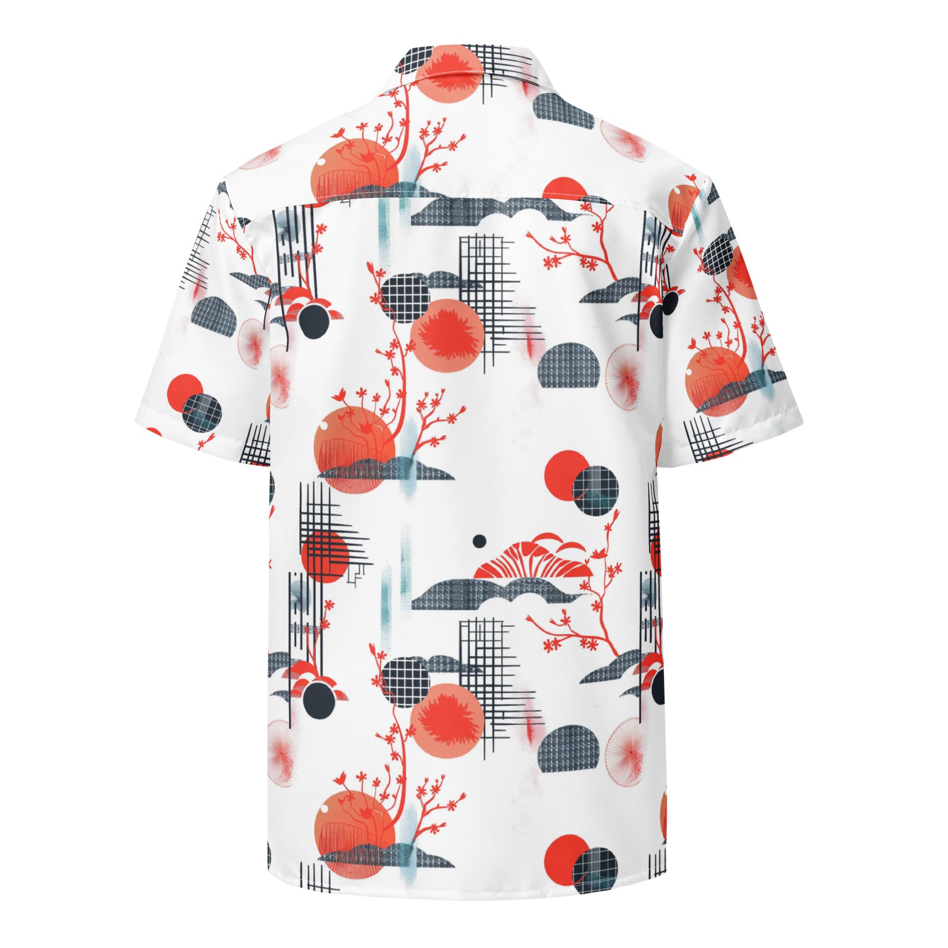 Featuring bold red and black Japanese-inspired patterns, this shirt is perfect for fashion-forward adventurers. Combining comfort with a striking design this lightweight, breathable shirt is a standout look. Explore the fusion of urban streetwear and cultural aesthetics today!