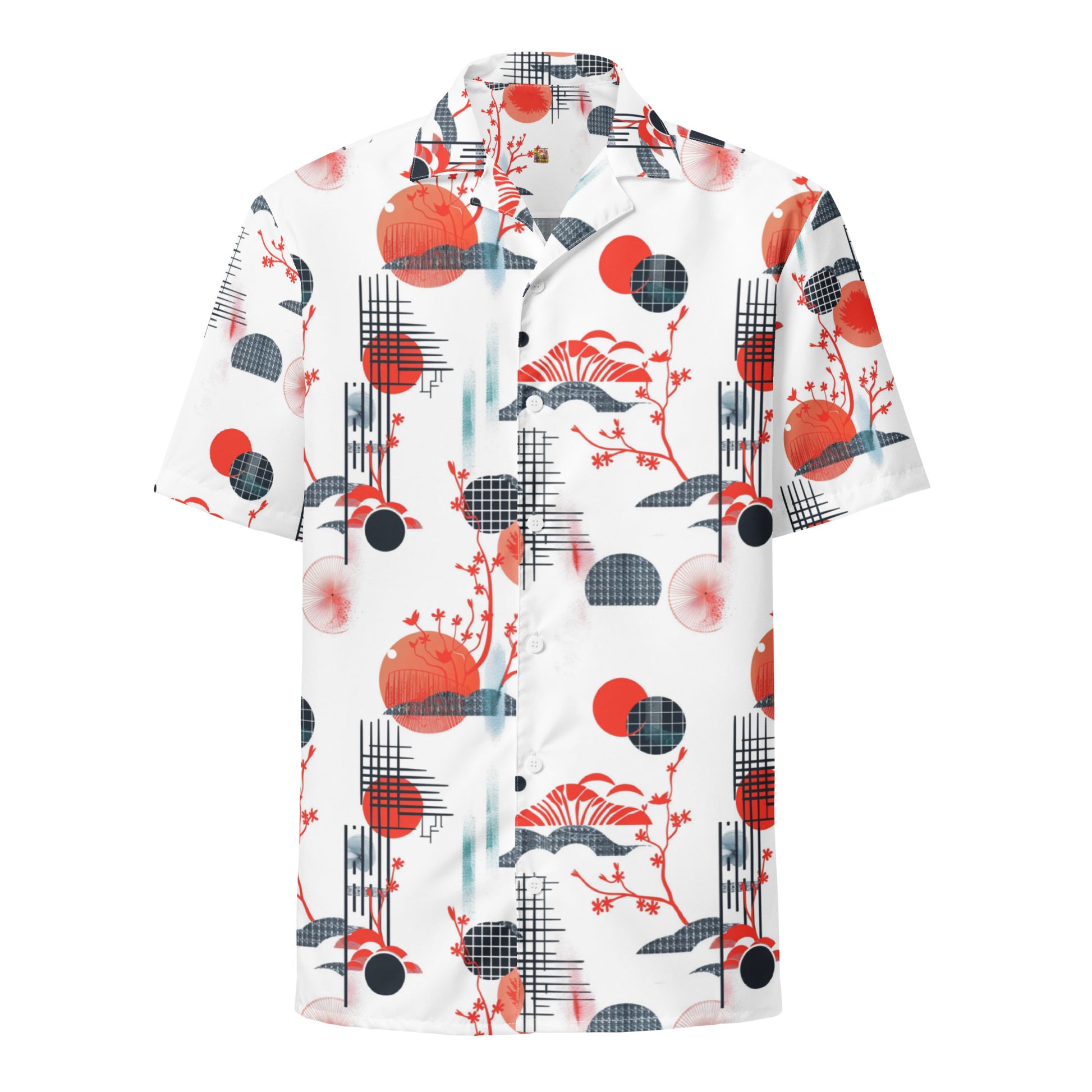 Featuring bold red and black Japanese-inspired patterns, this shirt is perfect for fashion-forward adventurers. Combining comfort with a striking design this lightweight, breathable shirt is a standout look. Explore the fusion of urban streetwear and cultural aesthetics today!