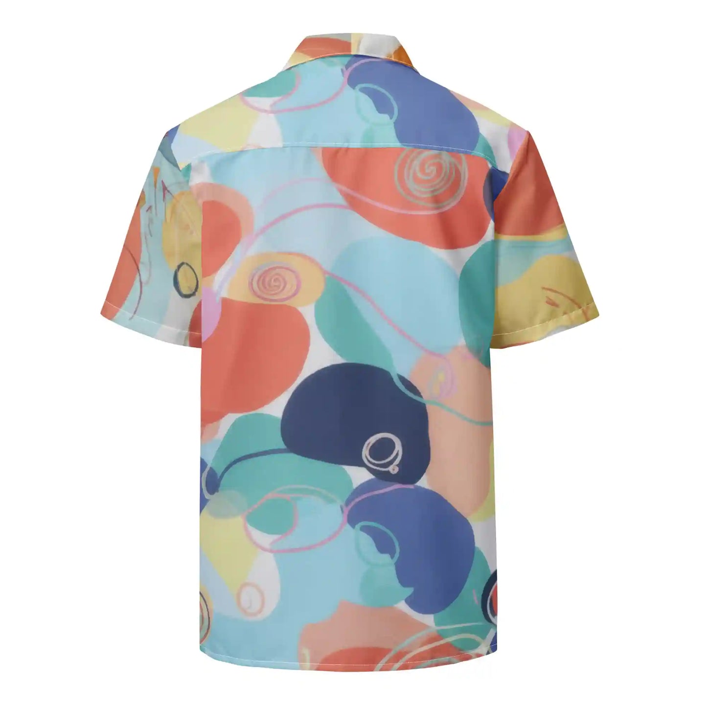 Back view of Aurora Flow abstract button shirt on ghost mannequin, showing seamless multicolor abstract design across fabric.