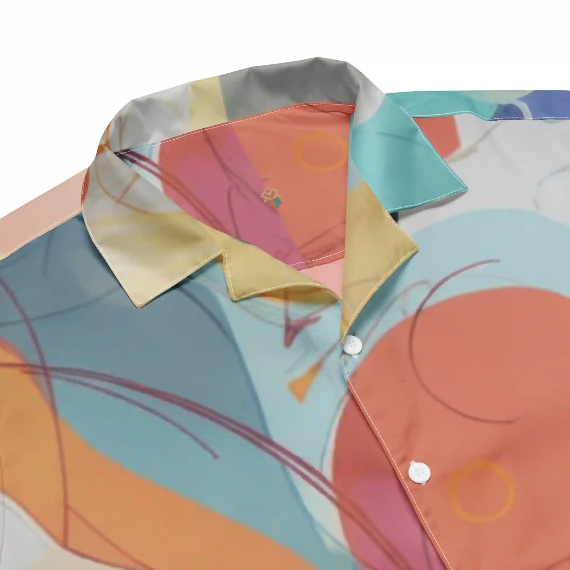 Close-up of Aurora Flow abstract button shirt fabric and buttons, highlighting soft texture and vivid brushstroke print details.