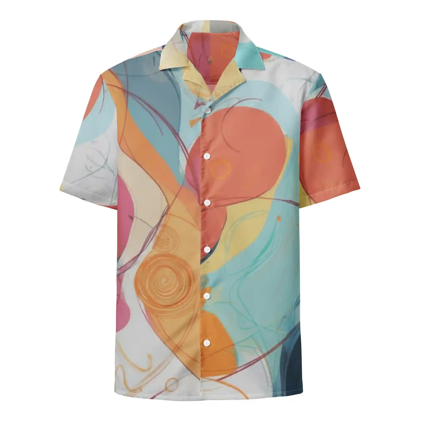 Front view of Aurora Flow abstract button shirt on ghost mannequin, with vibrant orange, blue, yellow, and coral brushstroke design.
