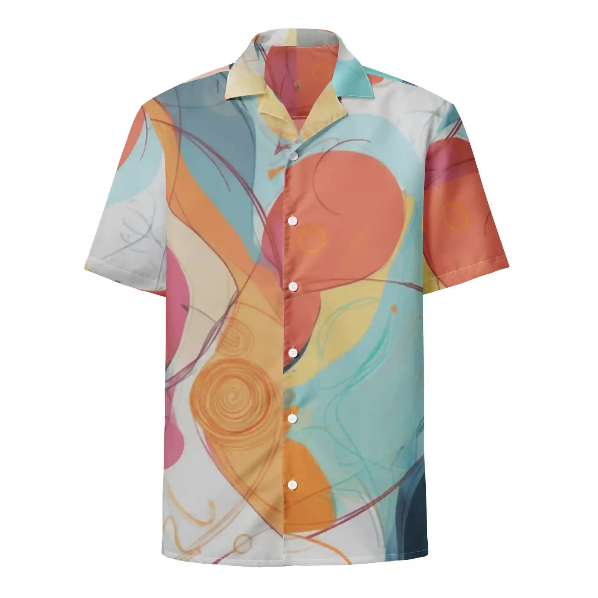 Front view of Aurora Flow abstract button shirt on ghost mannequin, with vibrant orange, blue, yellow, and coral brushstroke design.
