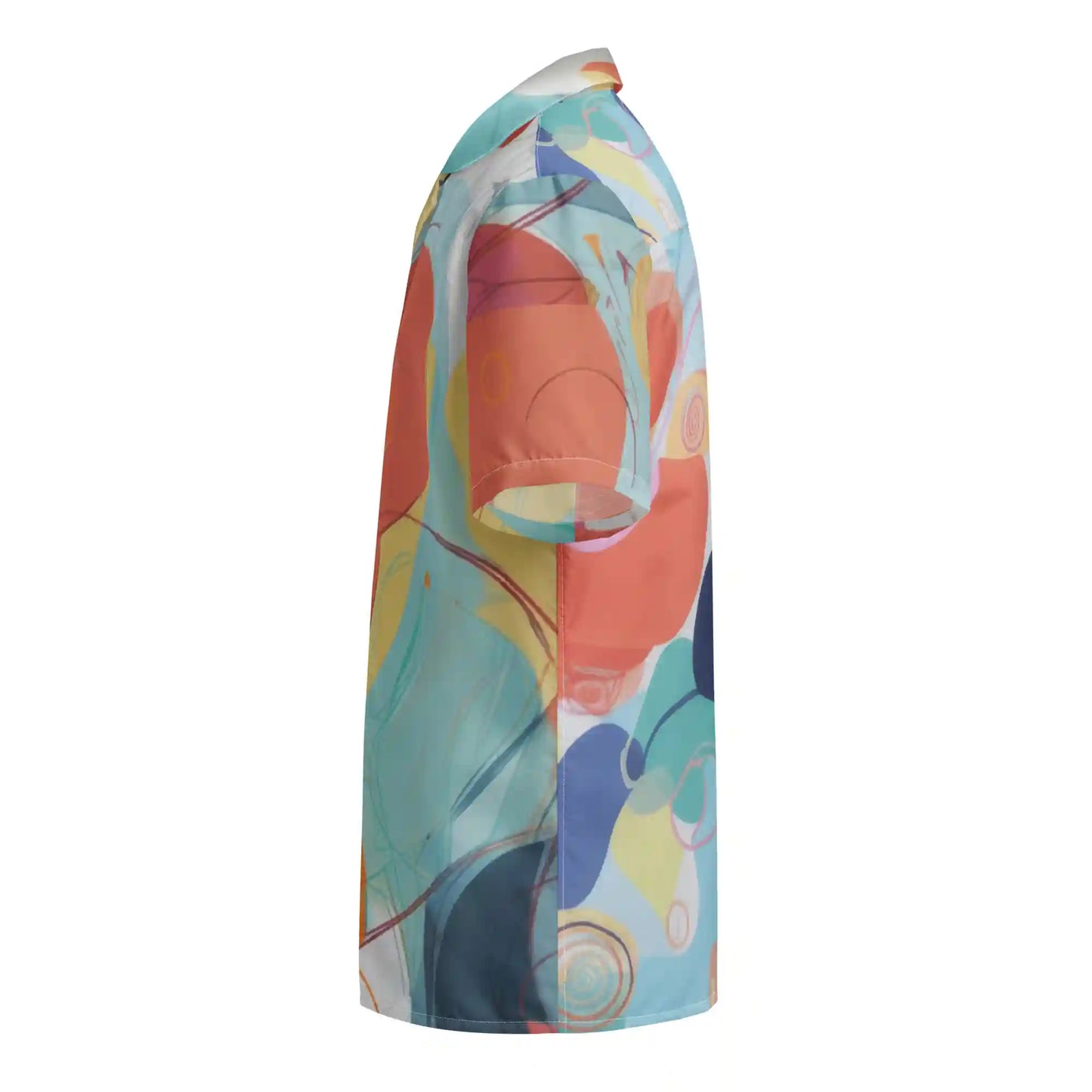 Left-side view of Aurora Flow abstract button shirt on ghost mannequin, highlighting fluid brushstroke design wrapping around sleeve and side.