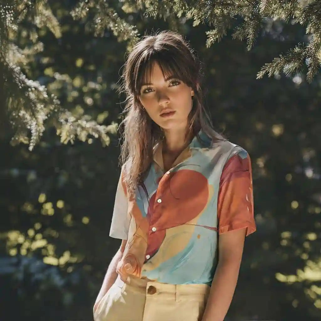 Woman wearing a colorful shirt with a blurred natural background