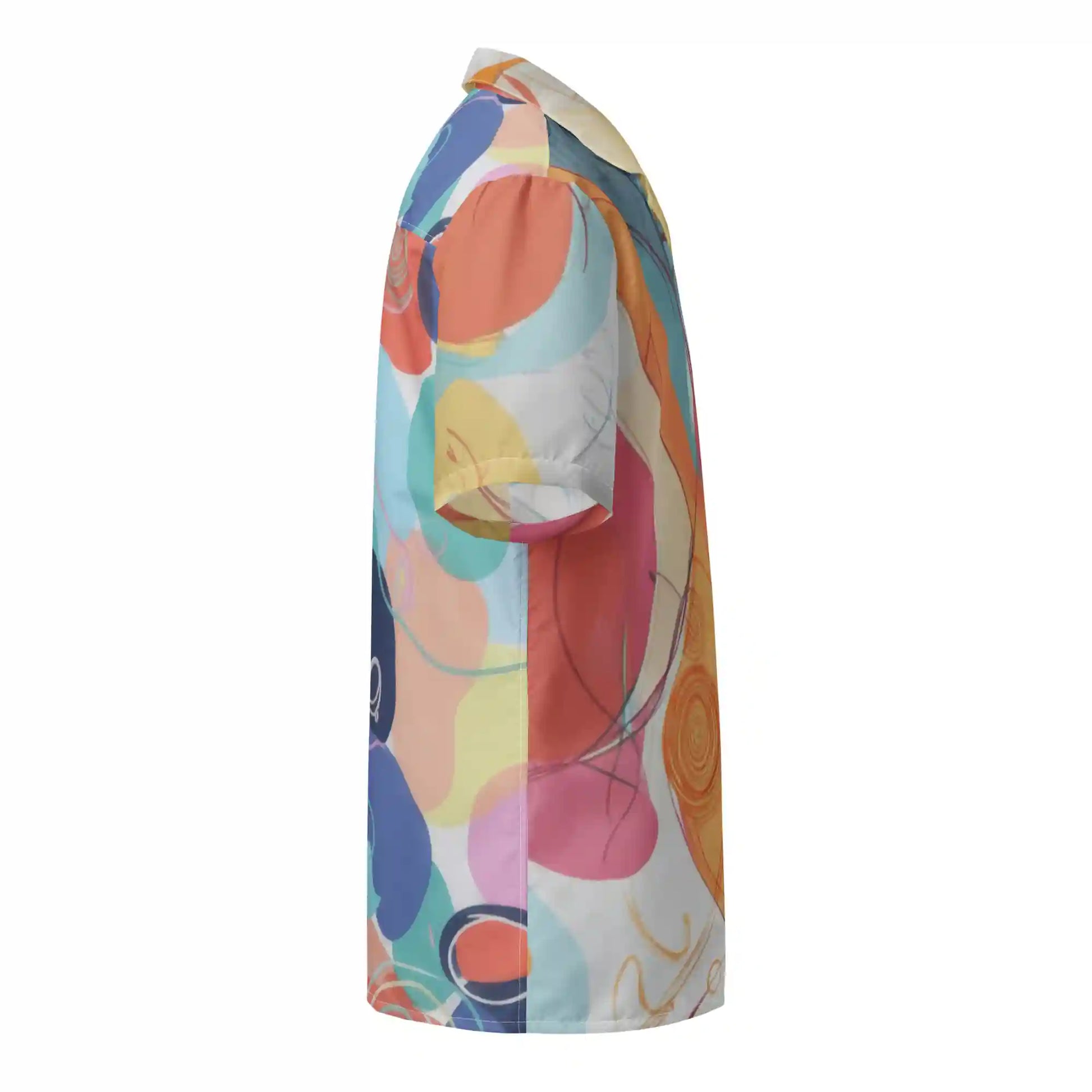 Right-side view of Aurora Flow abstract button shirt on ghost mannequin, with flowing multicolor abstract pattern continuing across body and sleeve.