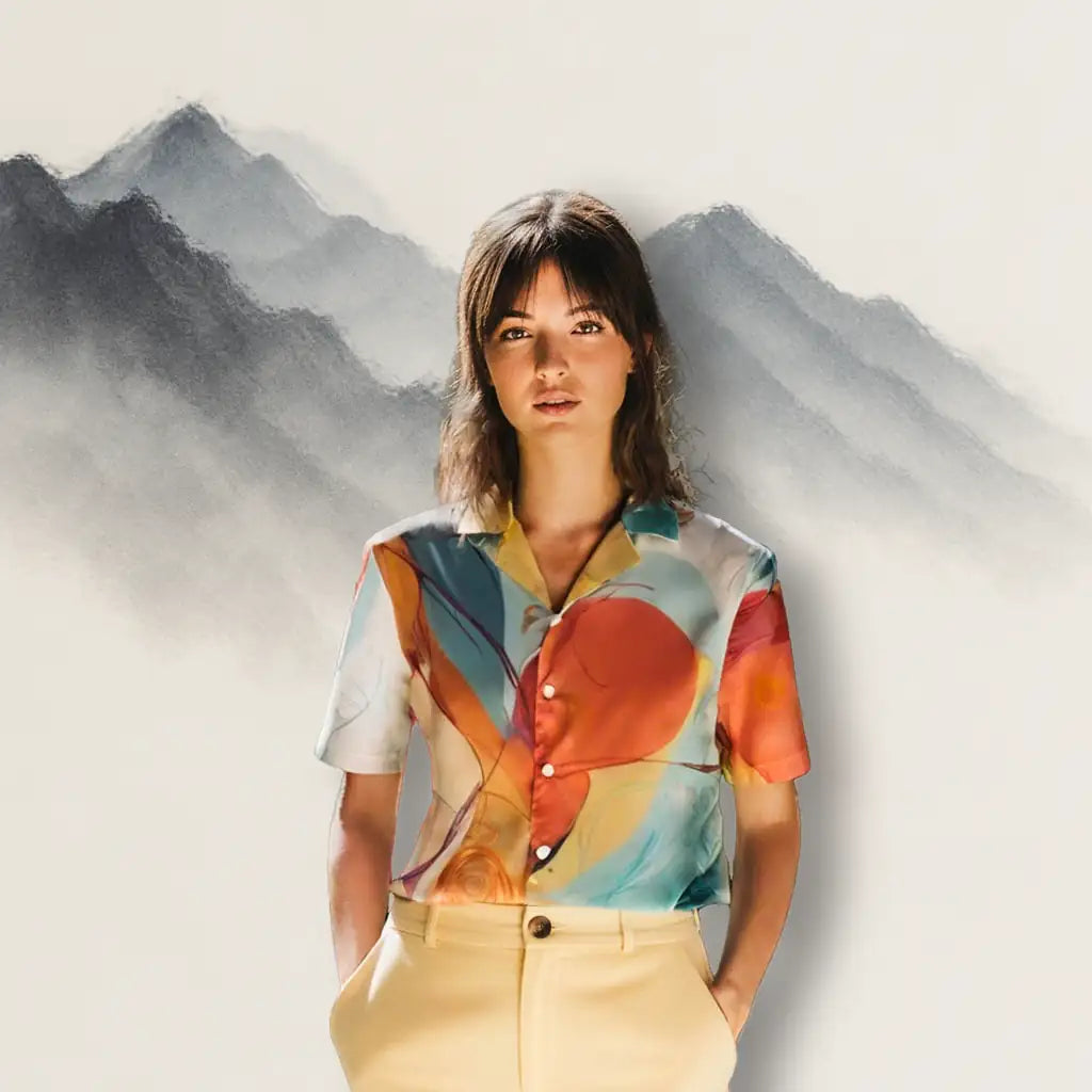 Model wearing Aurora Flow abstract button shirt by Haven of Dreams, featuring bold brushstroke design in multicolor against mountain backdrop.