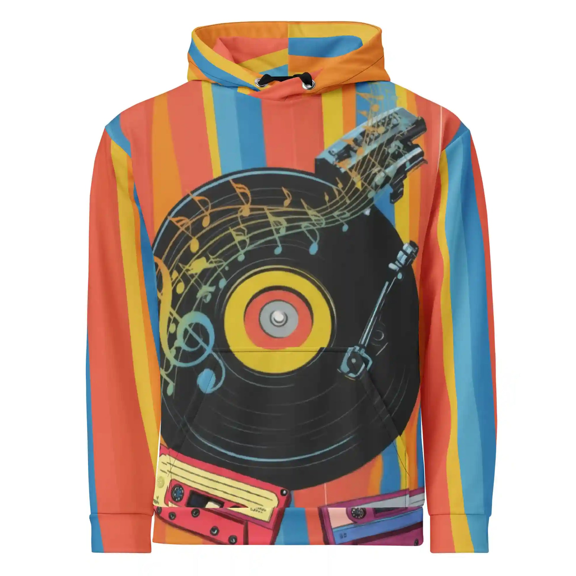 Front view of a retro music themed hoodie featuring a colorful striped pattern, a turntable graphic, cassette tapes, and musical notes, on a plain white background.