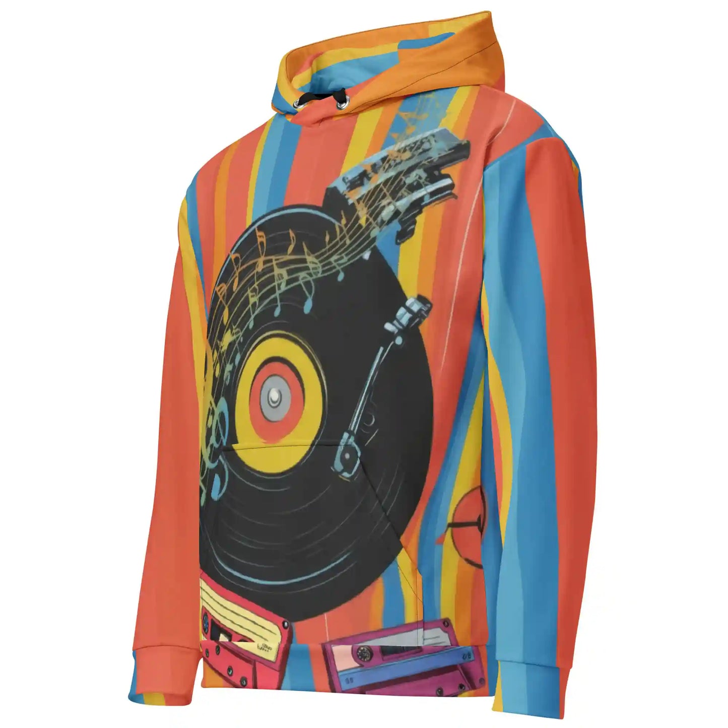 Three-quarter front-left view of a retro music themed hoodie, showing the vibrant striped pattern, turntable, cassette tapes, and musical notes graphic, on a plain white background.`