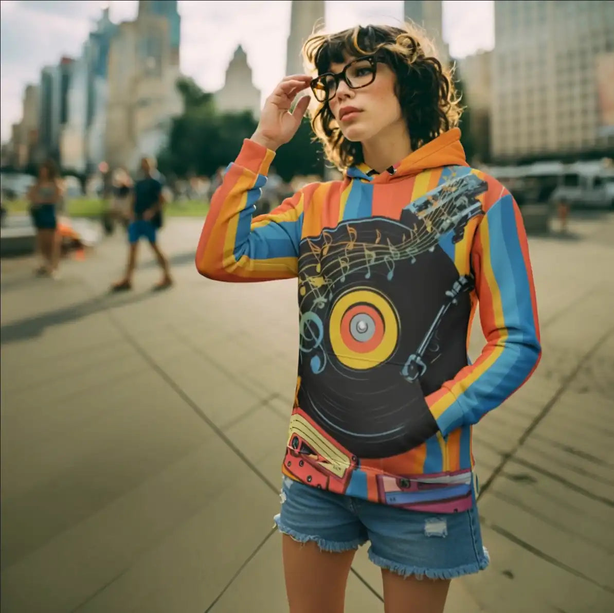 Young woman with short curly hair and glasses wearing the retro music themed hoodie and denim shorts, posing outdoors in an urban city environment.