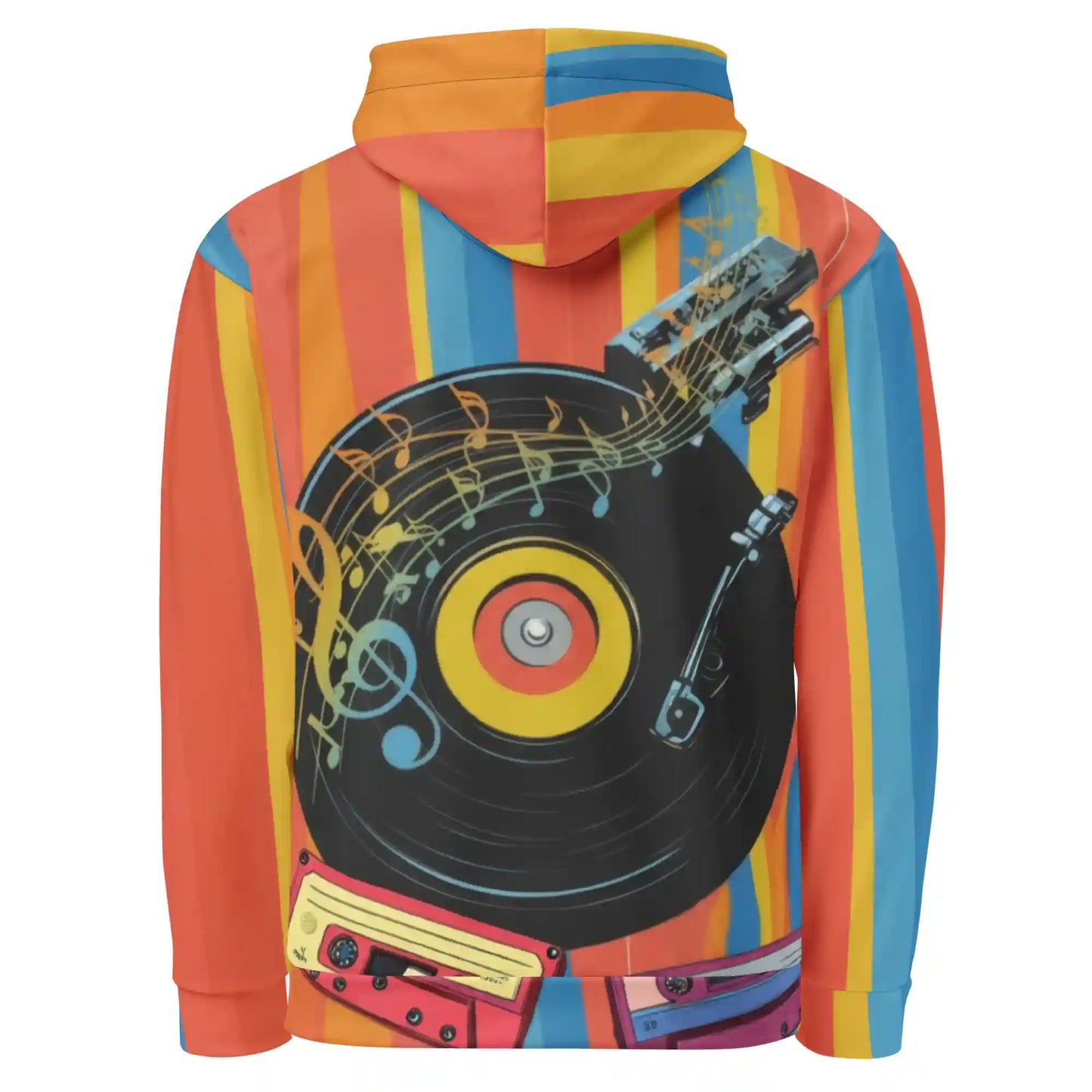 Rear view of a retro music themed hoodie showcasing the full colorful striped pattern, a large turntable graphic, cassette tapes, and musical notes, on a plain white background.